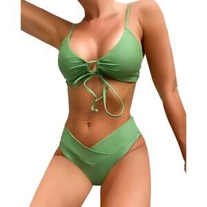 New Large Front Tie, High Waisted, High Cut Bikini Swim Suit in Green